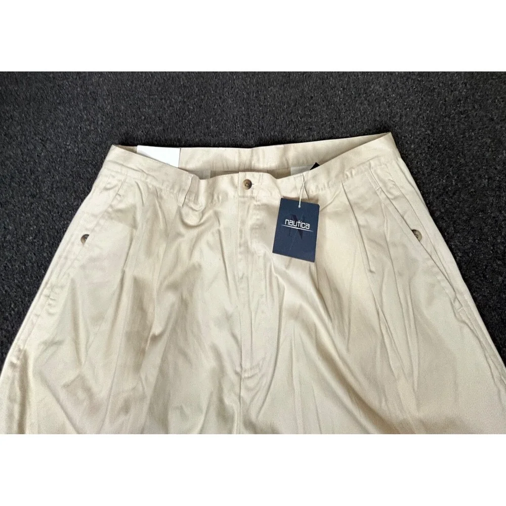 VTG Nautica Pants Men Beige Sand Bar Pleated Chino Cuffed 90s 42‎ x 32 NWT